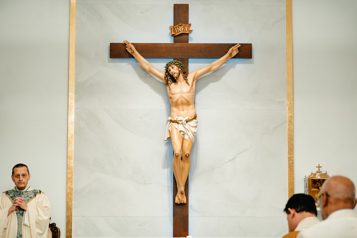 Mounted crucifix on the sanctuary wall