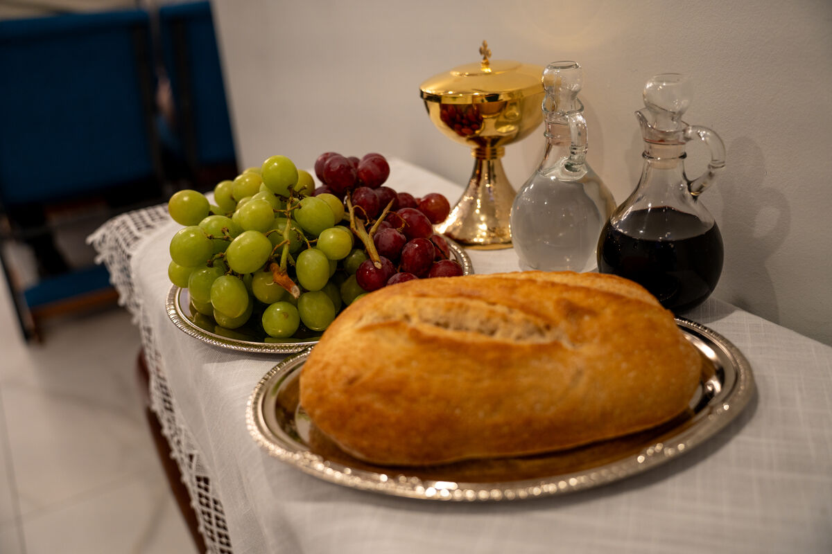 First Communion offertory tray with grapes, bread and cruets