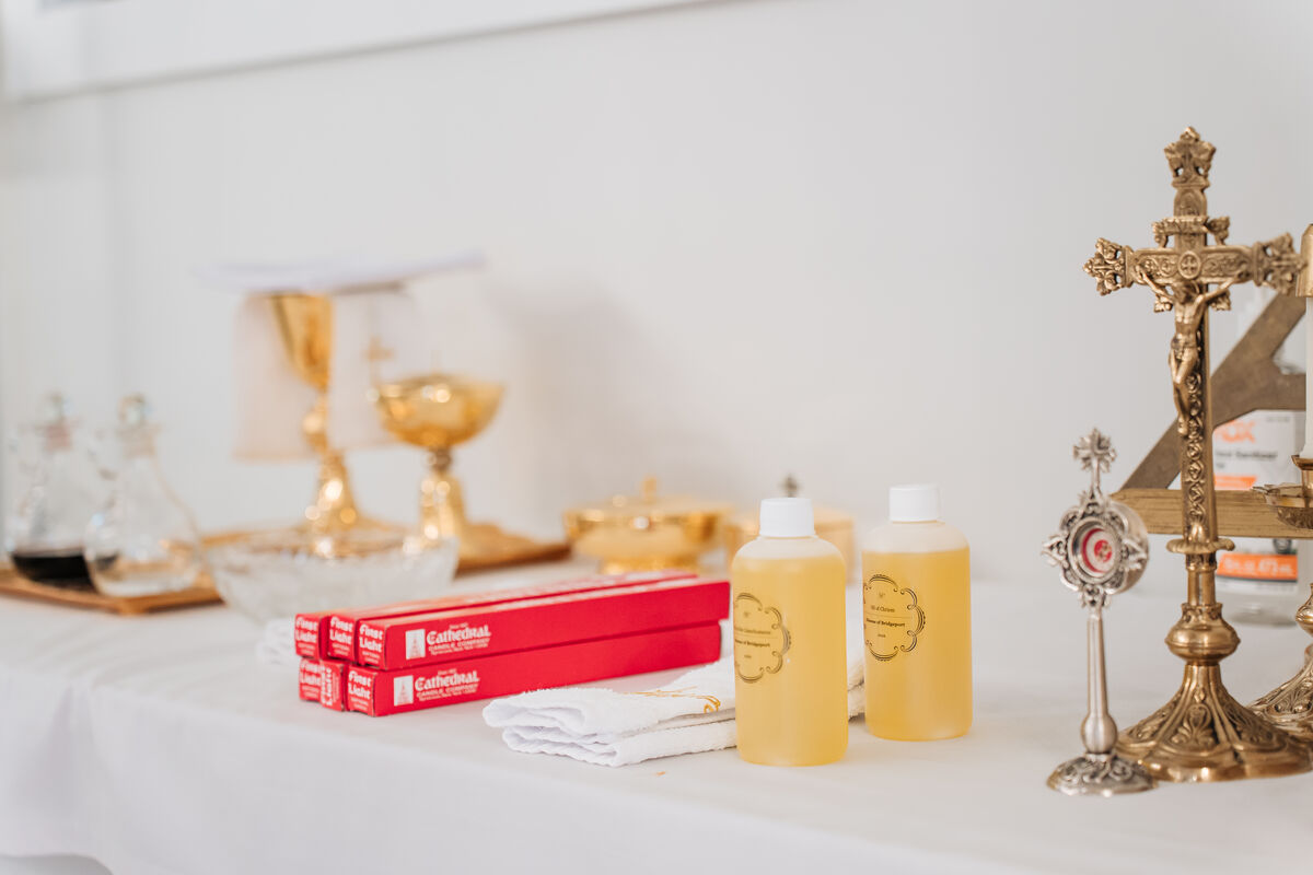 Table prepared for Confirmation - Holy Oils and ritual items